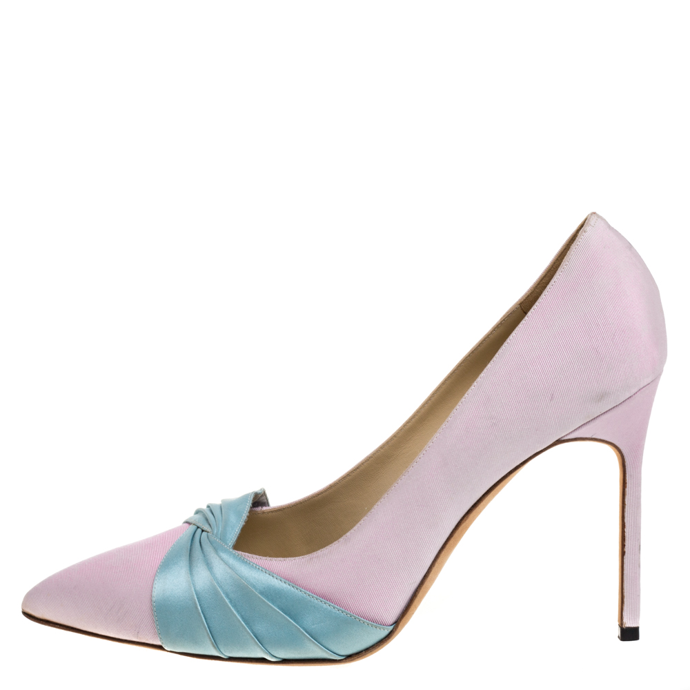 

Manolo Blahnik Pink/Blue Canvas And Satin Criss Cross Pleated Pointed Toe Pumps Size