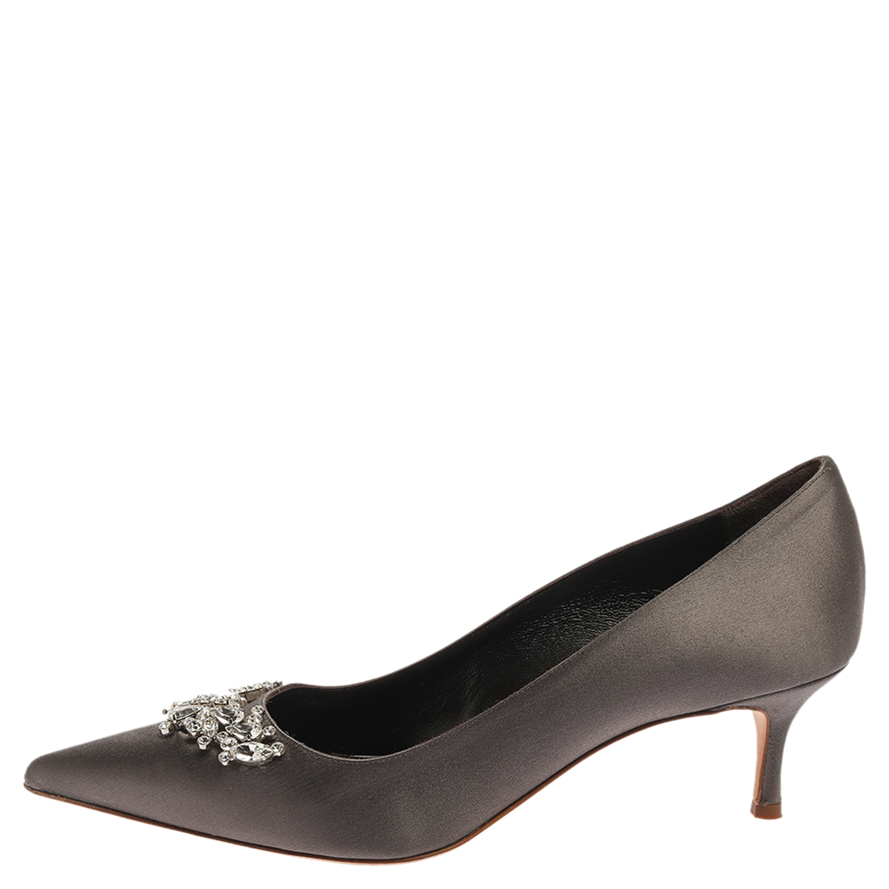 

Manolo Blahnik Grey Satin Crystal Embellished Pumps Size