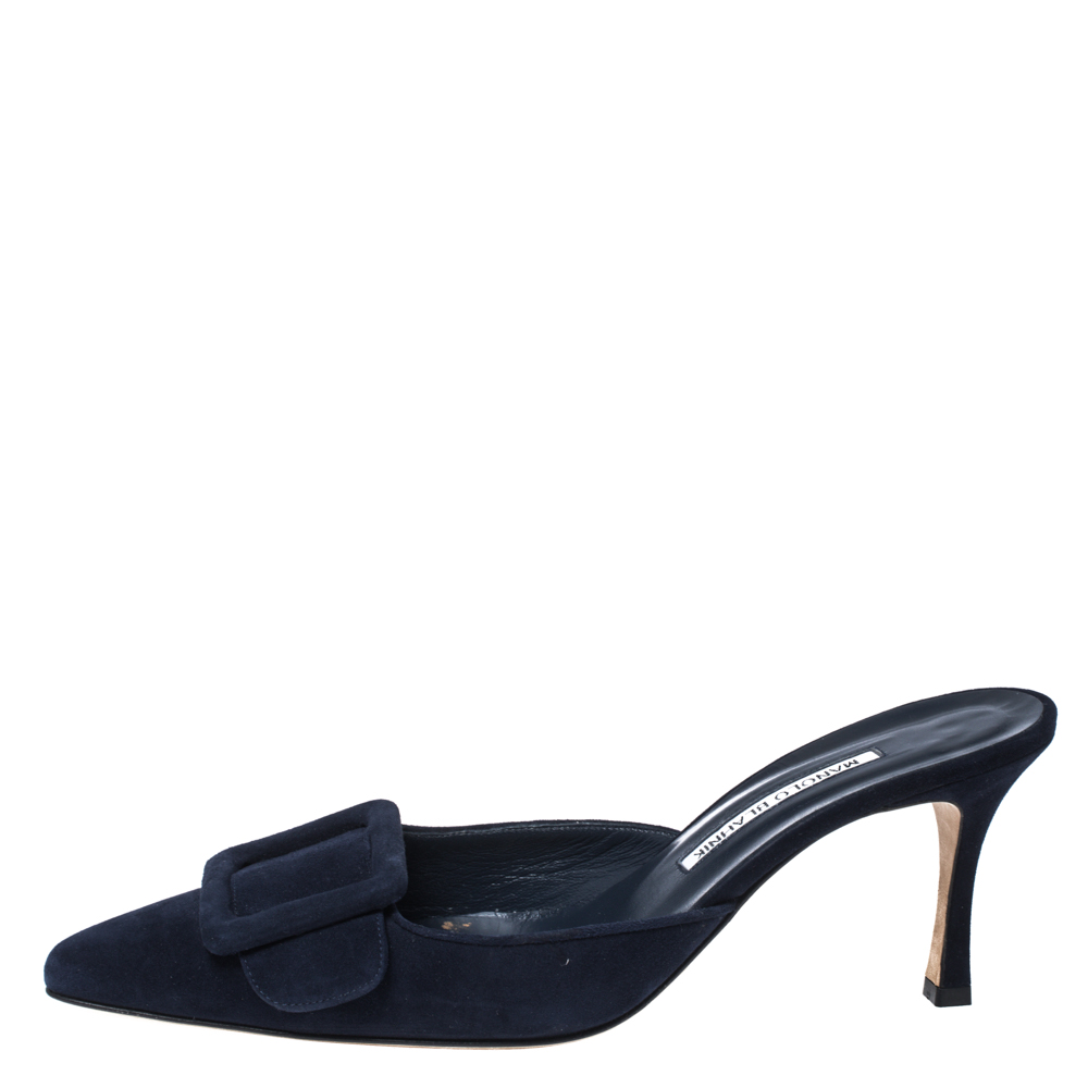 

Manolo Blahnik Dark Blue Suede Maysale Pointed Toe Mule Sandals Size