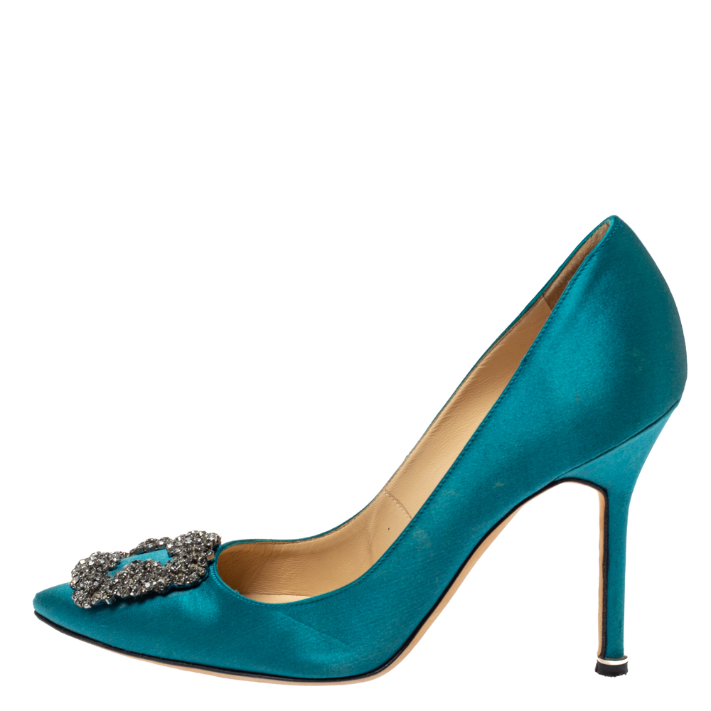 

Manolo Blahnik Teal Blue Satin Hangisi Crystal Embellished Pointed Toe Pumps Size