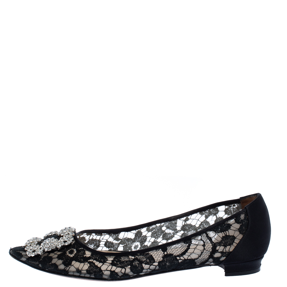 

Manolo Blahnik Black Lace and Satin Hangisi Ballet Flats Size