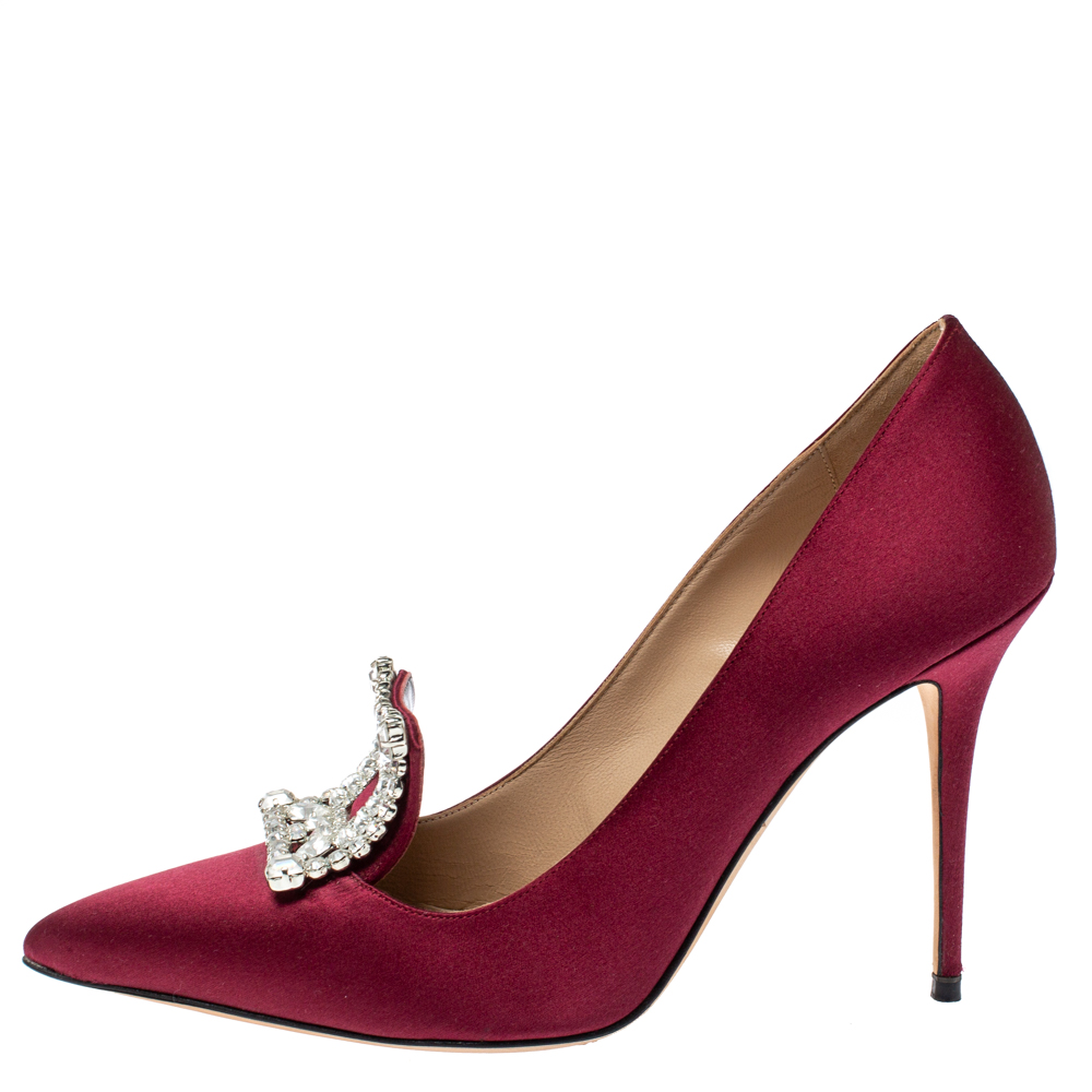 

Manolo Blahnik Burgundy Satin Crystal Embellished Borlak Pumps Size