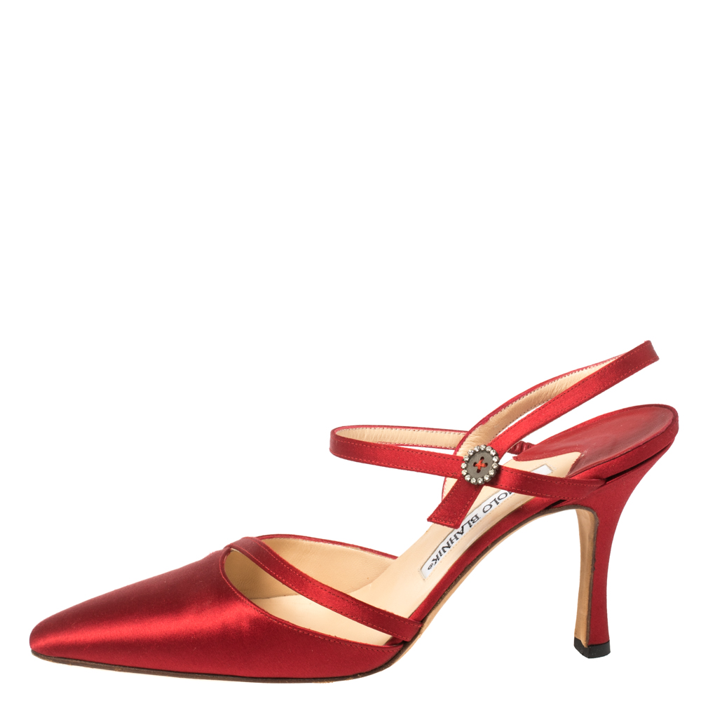 

Manolo Blahnik Red Satin Ankle Strap Sandals Size