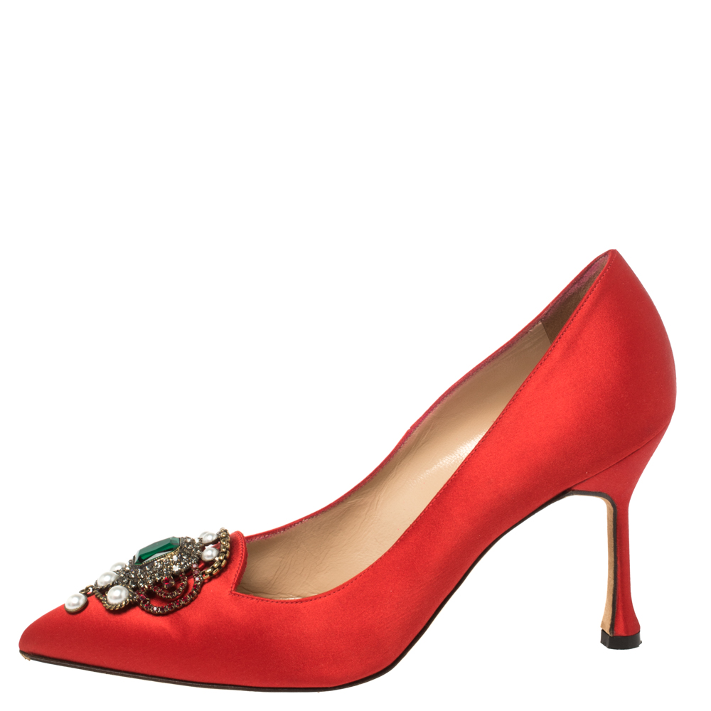 

Manolo Blahnik Red Satin Crystal Embellished Leona Pumps Size