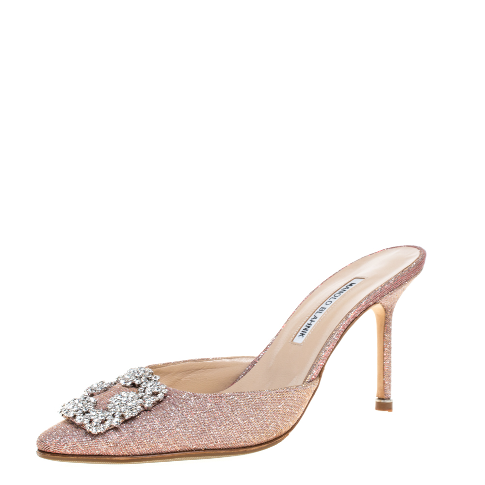 Manolo Blahnik Red Glitter Fabric Hangisi Mules Size 39.5