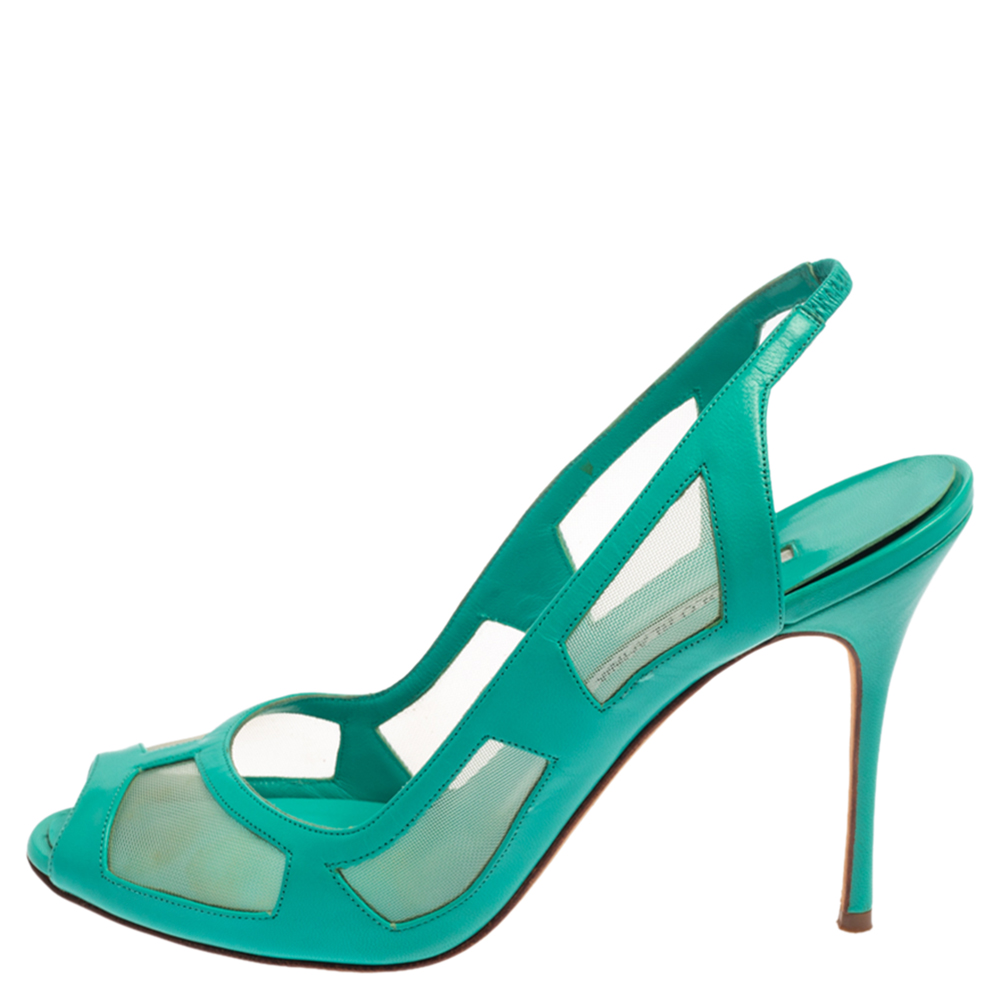 

Manolo Blahnik Green Leather Slingback Peep Toe Sandals Size