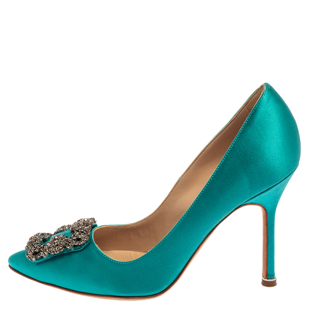 

Manolo Blahnik Blue Satin Hangisi Crystal Embellished Pumps Size