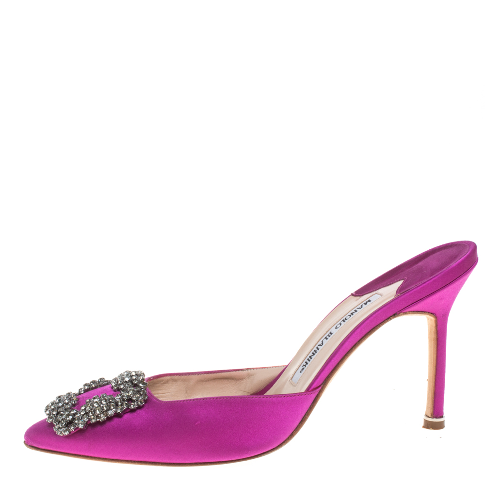 

Manolo Blahnik Purple Satin Hangisi Crystal Embellished Sandals Size