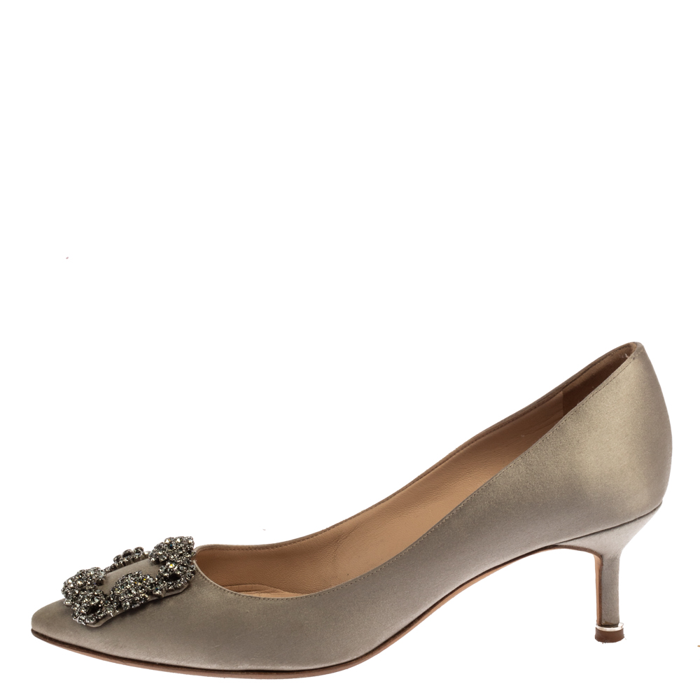 

Manolo Blahnik Grey Satin Hangisi Crystal Embellished Pumps Size