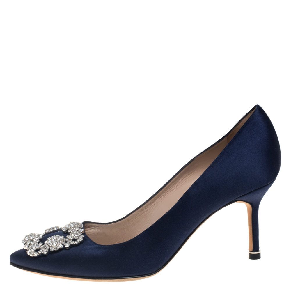

Manolo Blahnik Blue Satin Hangisi Pumps Size