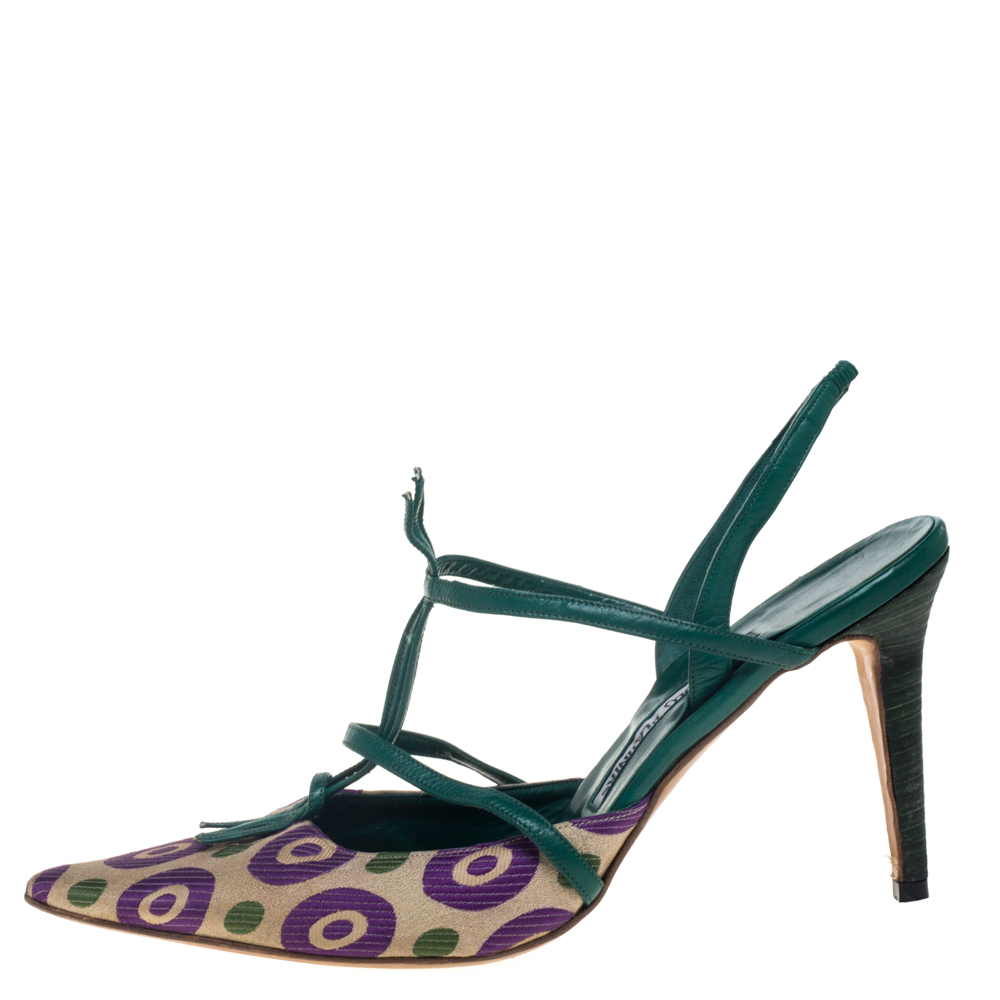 

Manolo Blahnik Multicolor Printed Fabric And Leather Pointed Toe Slingback Sandals Size
