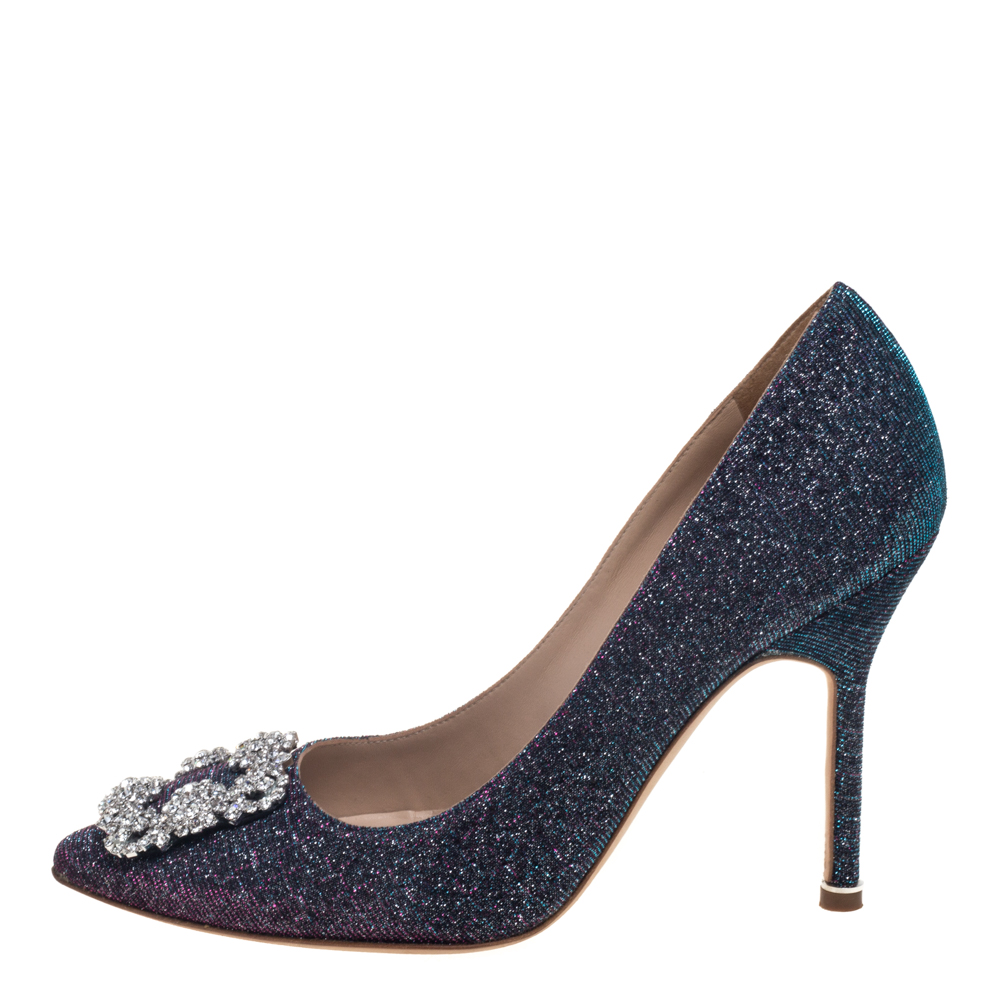 

Manolo Blahnik Blue Glitter Fabric Hangisi Crystal Embellished Pumps Size