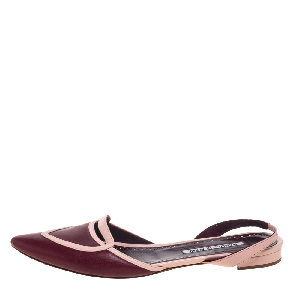 

Manolo Blahnik Burgundy/Pink Leather Pointed Toe Slingback Flats Size