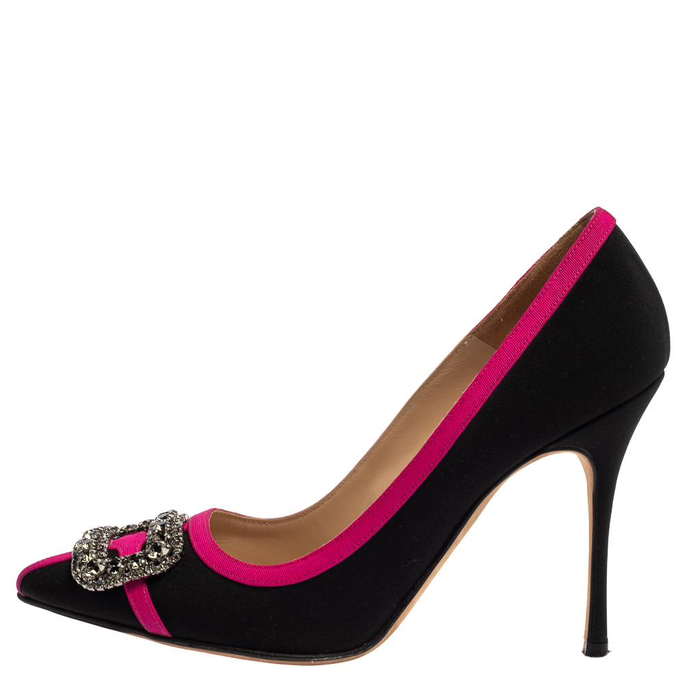 

Manolo Blahnik Black/Pink Canvas Gotrian Crystal Embellished Pumps Size