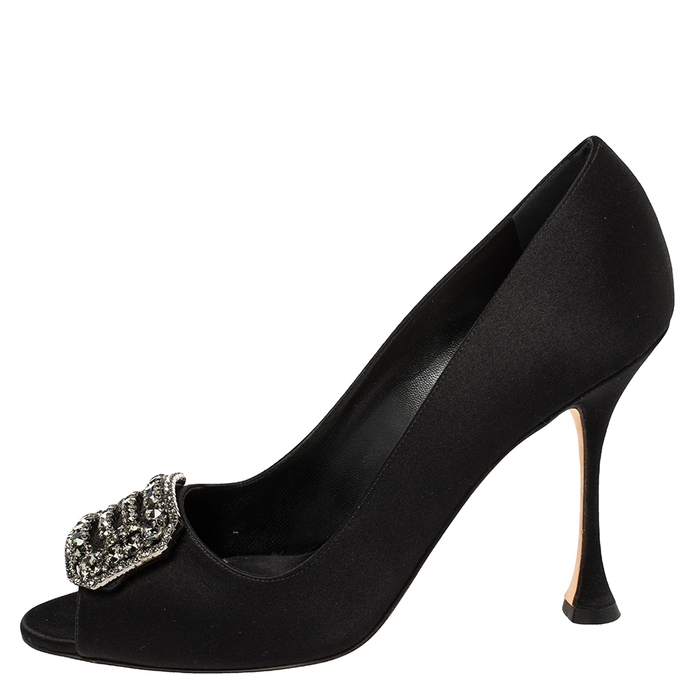 

Manolo Blahnik Black Satin Matik Peep Toe Pumps Size