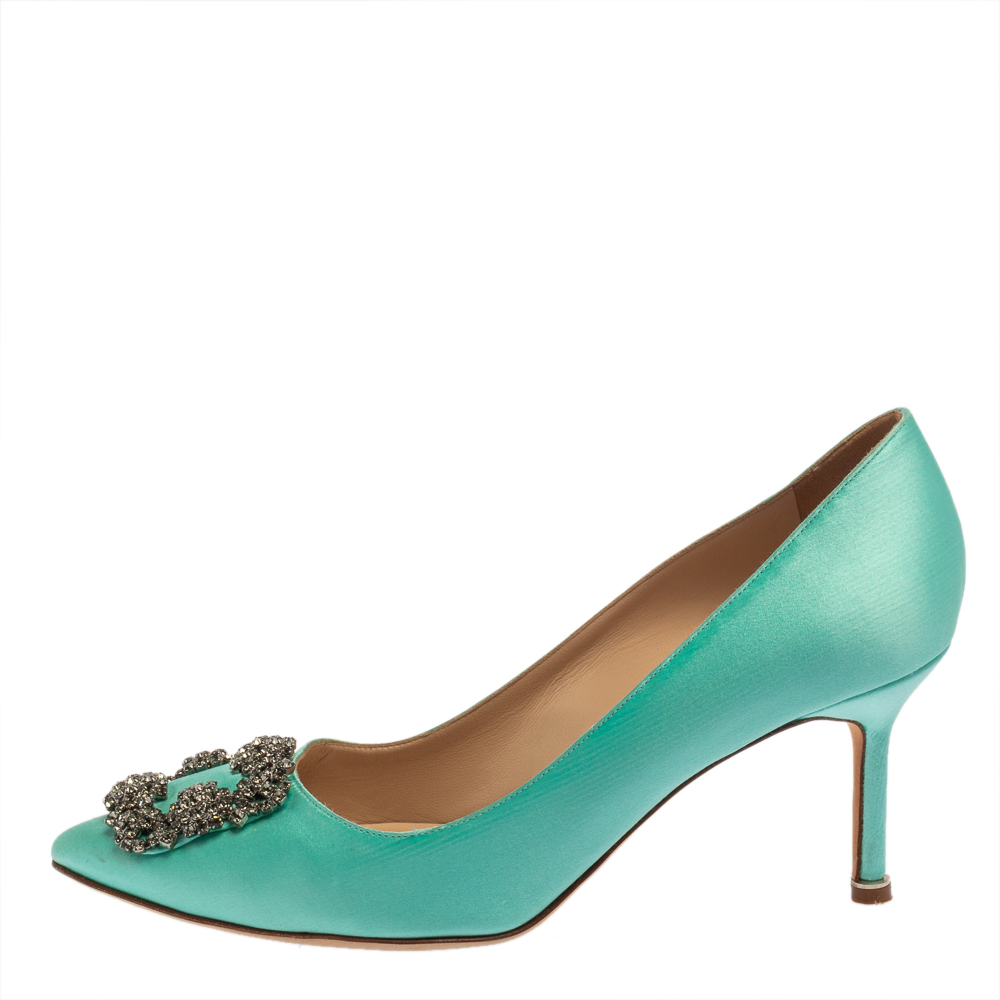 

Manolo Blahnik Green Satin Hangisi Embellished Pointed Toe Pumps Size