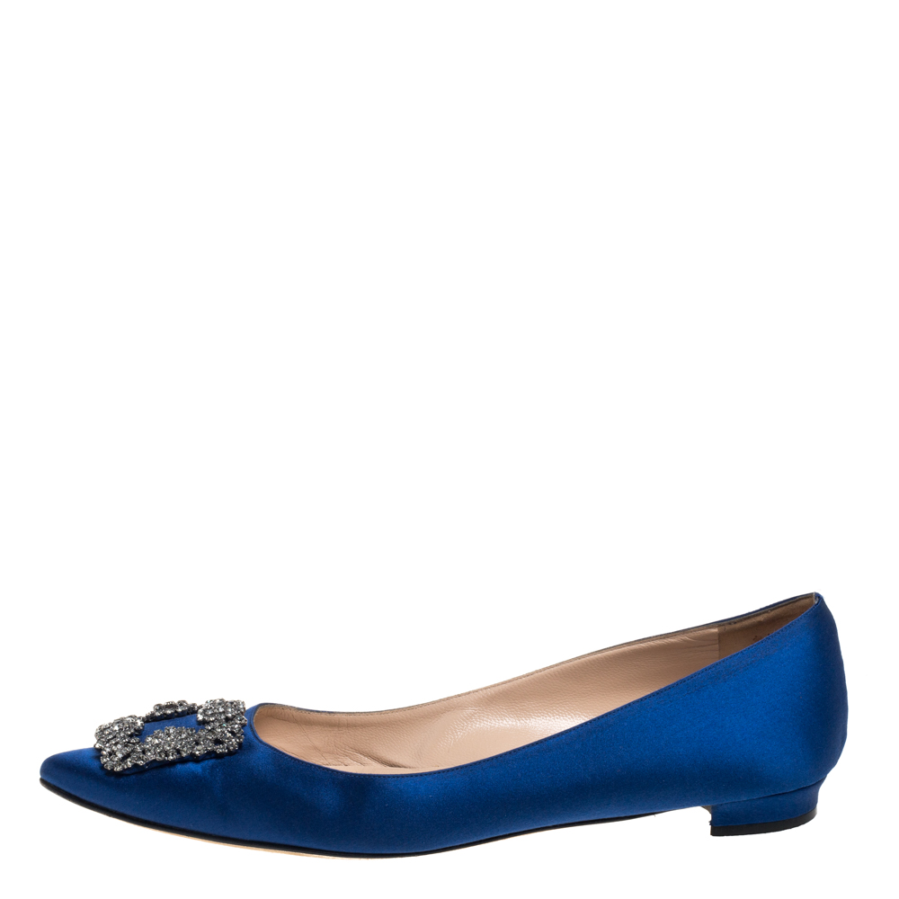 

Manolo Blahnik Blue Satin Hangisi Embellished Ballet Flats Size