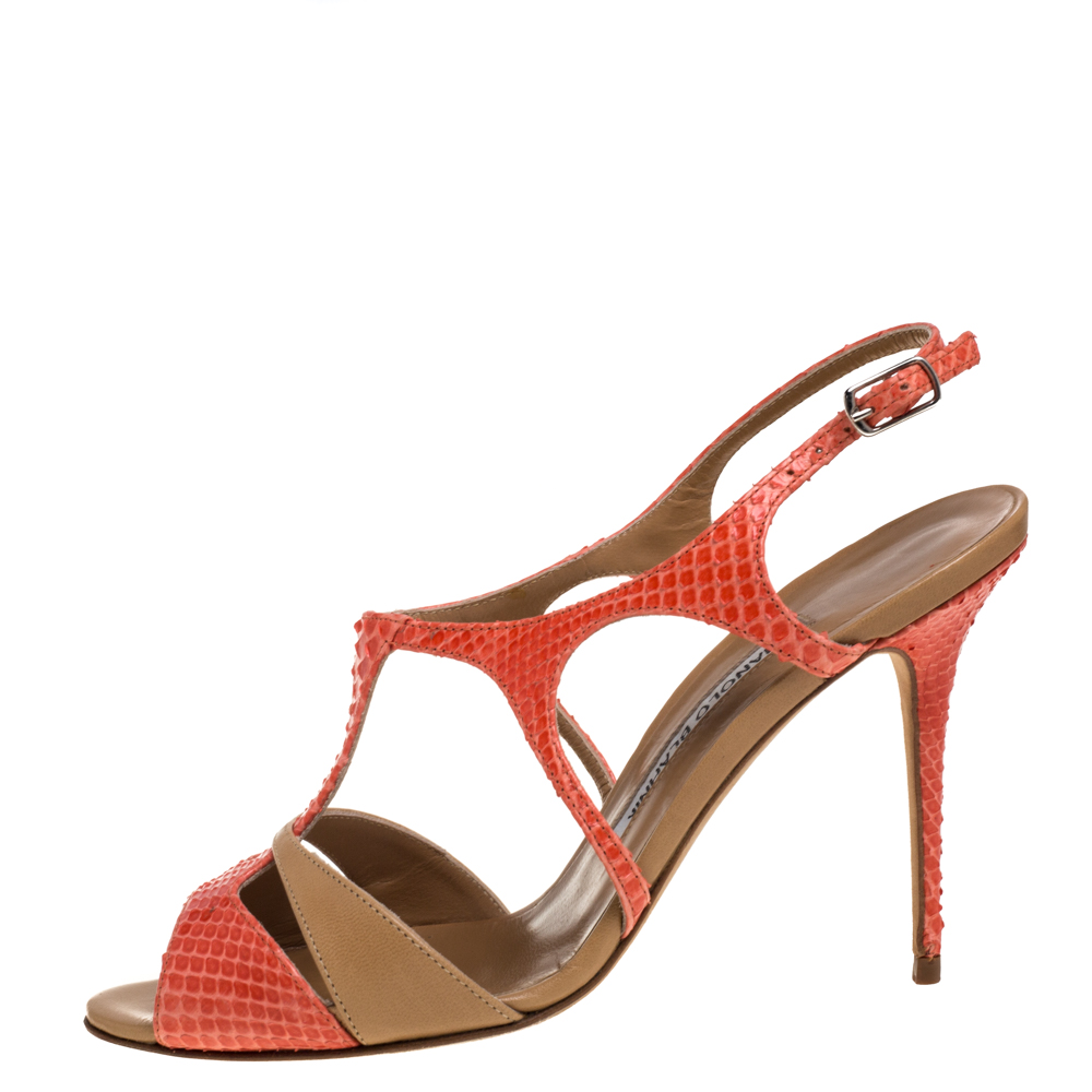 

Manolo Blahnik Orange/Beige Leather and Python Sandals Size