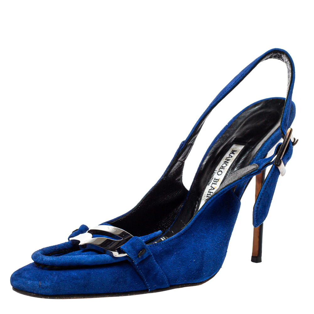Pre-owned Manolo Blahnik Blue Suede Slingback Sandals Size 39.5