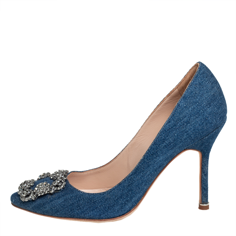

Manolo Blahnik Blue Denim Hangisi Embellished Pointed Toe Pumps Size
