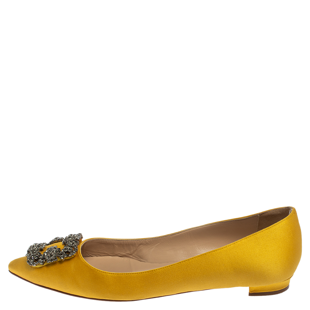 

Manolo Blahnik Yellow Satin Hangisi Embellished Ballet Flats Size