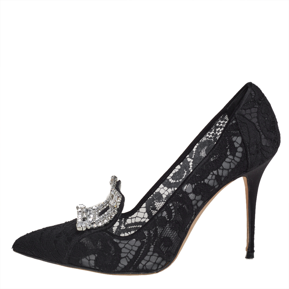 

Manolo Blahnik Black Lace And Satin Borlak Crystal Embellished Pumps Size