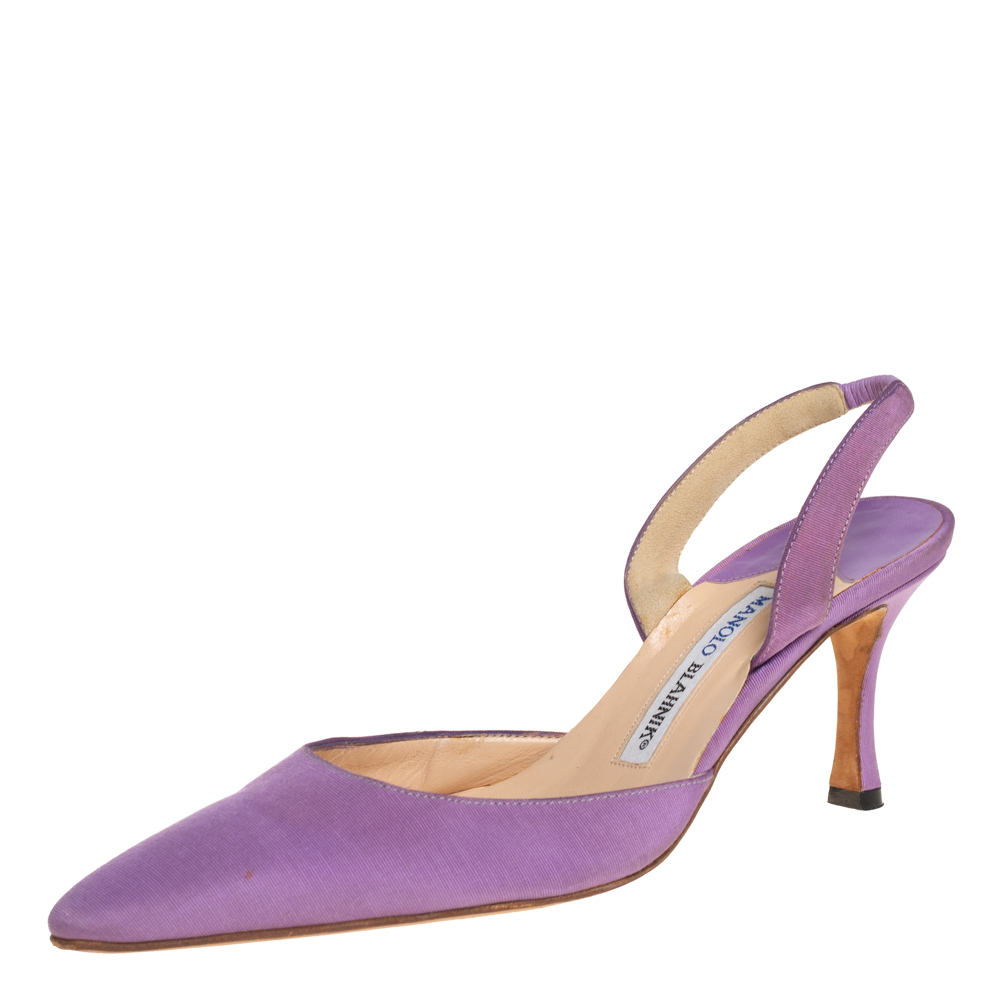 

Manolo Blahnik Vintage Purple Fabric Carolyne Pointed Toe Slingback Sandals Size