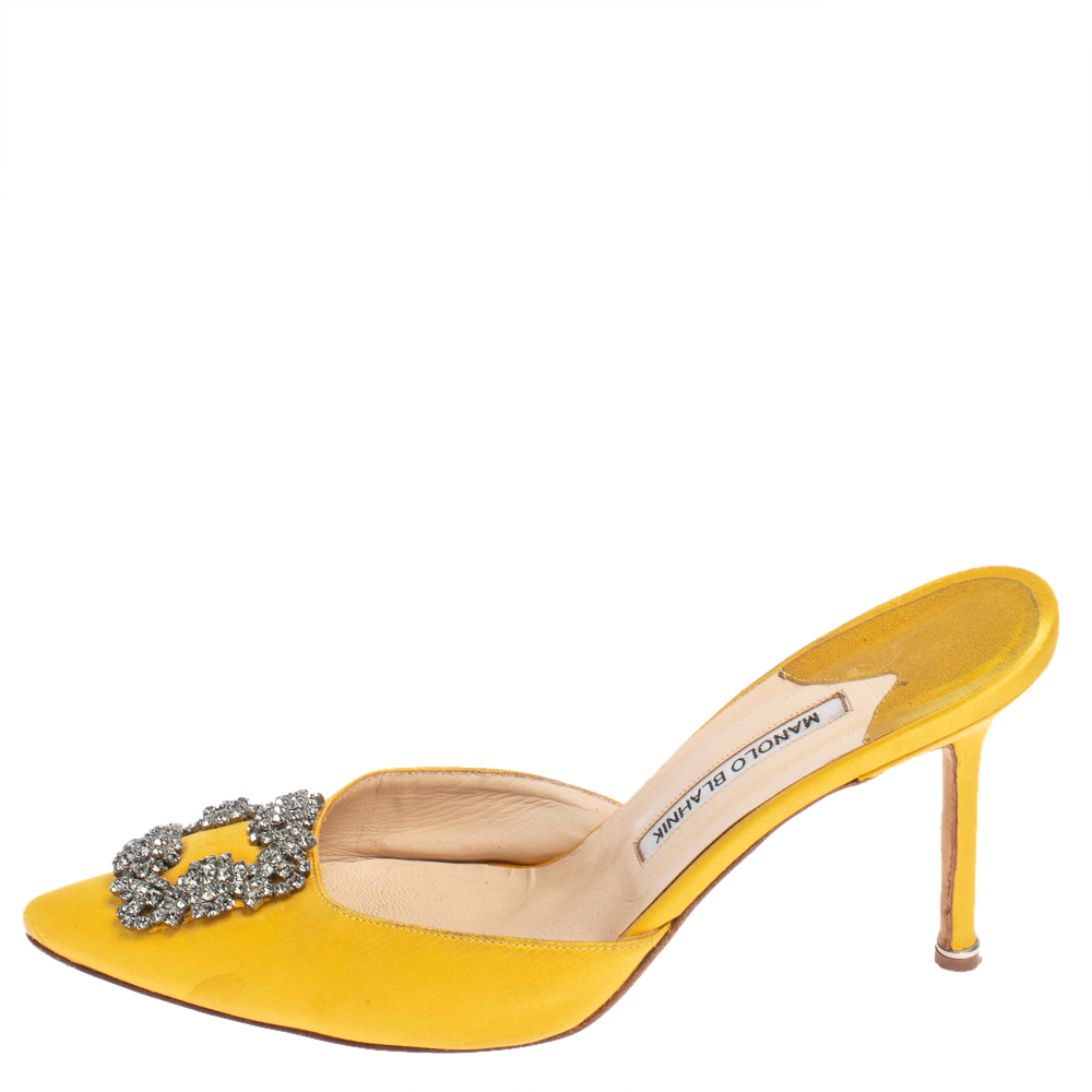 

Manolo Blahnik Yellow Satin Hangisi Mules Size