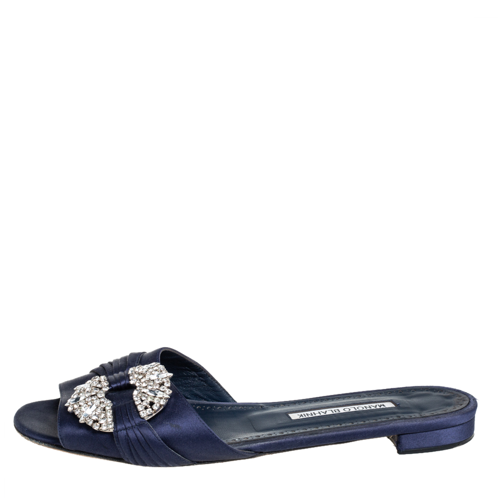 

Manolo Blahnik Navy Blue Satin Crystal Flat Sandals Size