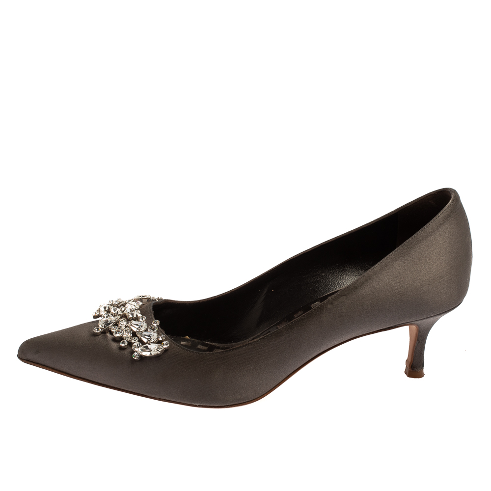 

Manolo Blahnik Grey Satin Crystal Embellished Pumps Size