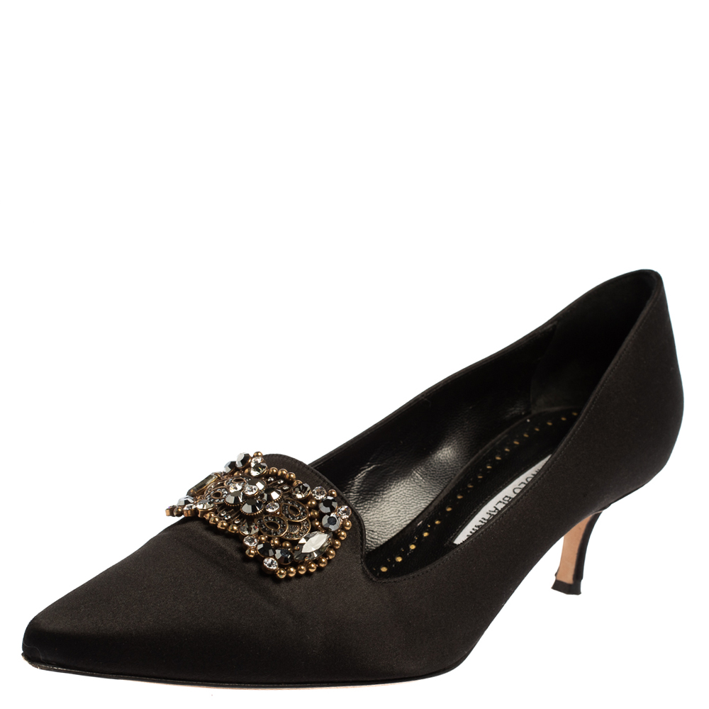 Pre Owned Manolo Blahnik Black Satin Embellished Pumps Size 37