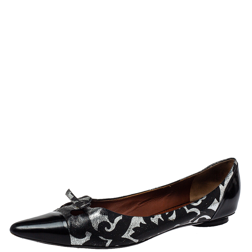 Pre-owned Marc Jacobs Black/silver Patent And Leather Pointed Bow Ballet Flats Size 40