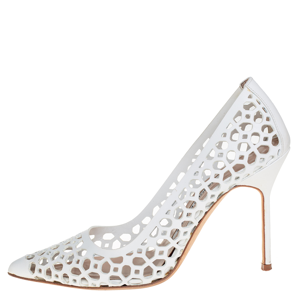 

Manolo Blahnik White Laser Cut Leather BB Laserato Pumps Size