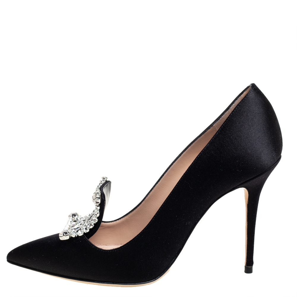 

Manolo Blahnik Black Satin Crystal Embellished Borlak Pumps Size