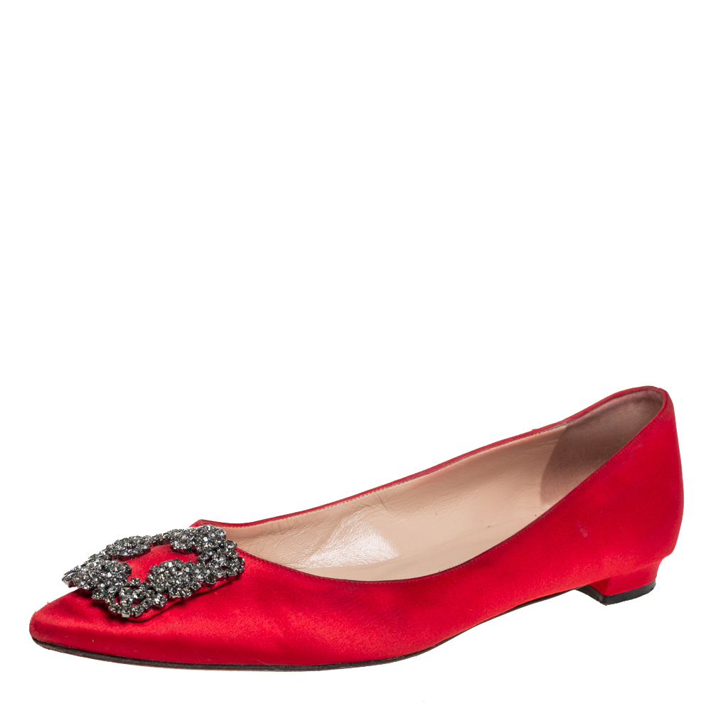 Pre-owned Manolo Blahnik Red Satin Hangisi Crystal Embellishments Ballet Flats Size 38.5