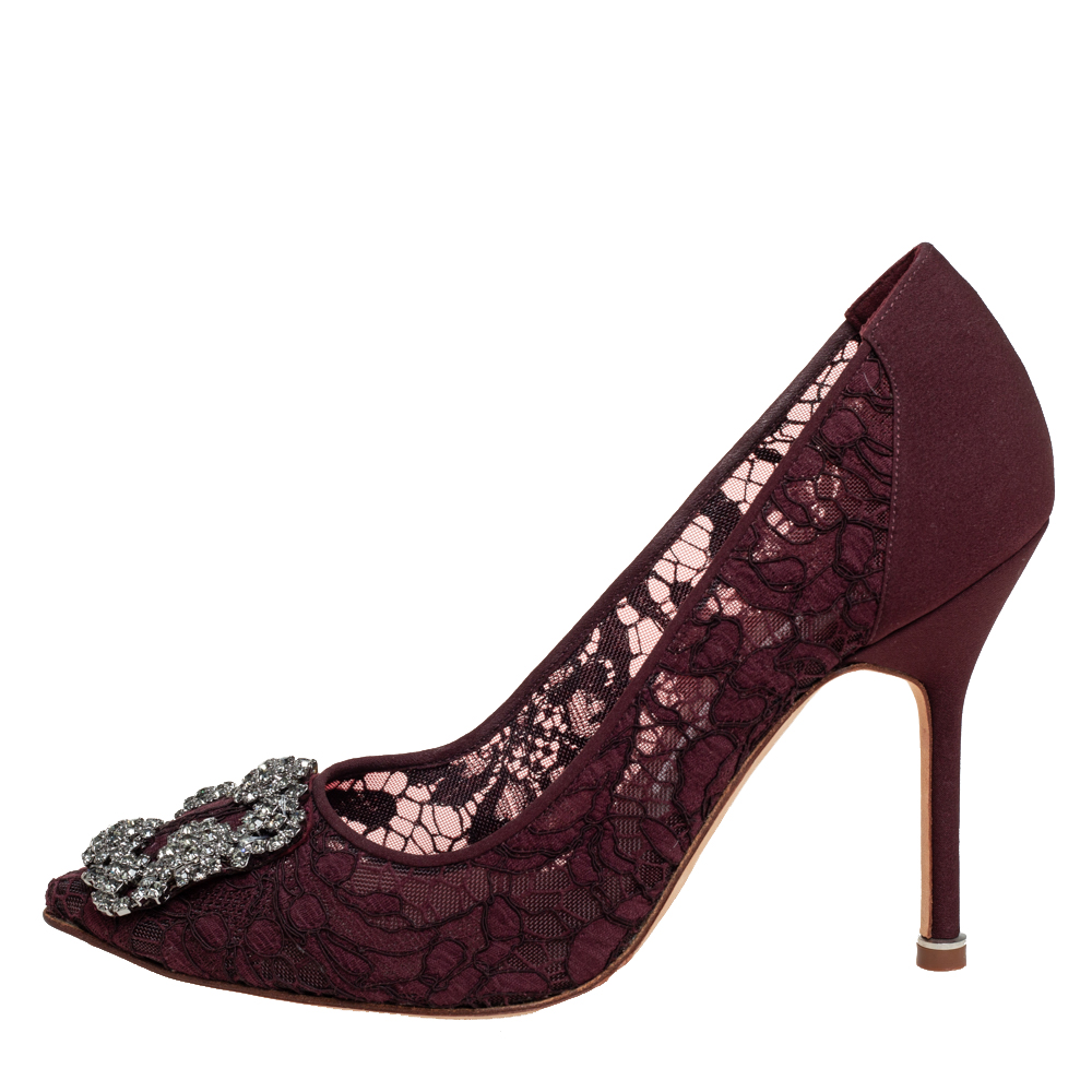 

Manolo Blahnik Burgundy Satin And Lace Hangisi Crystal Embellished Pointed Toe Pumps Size