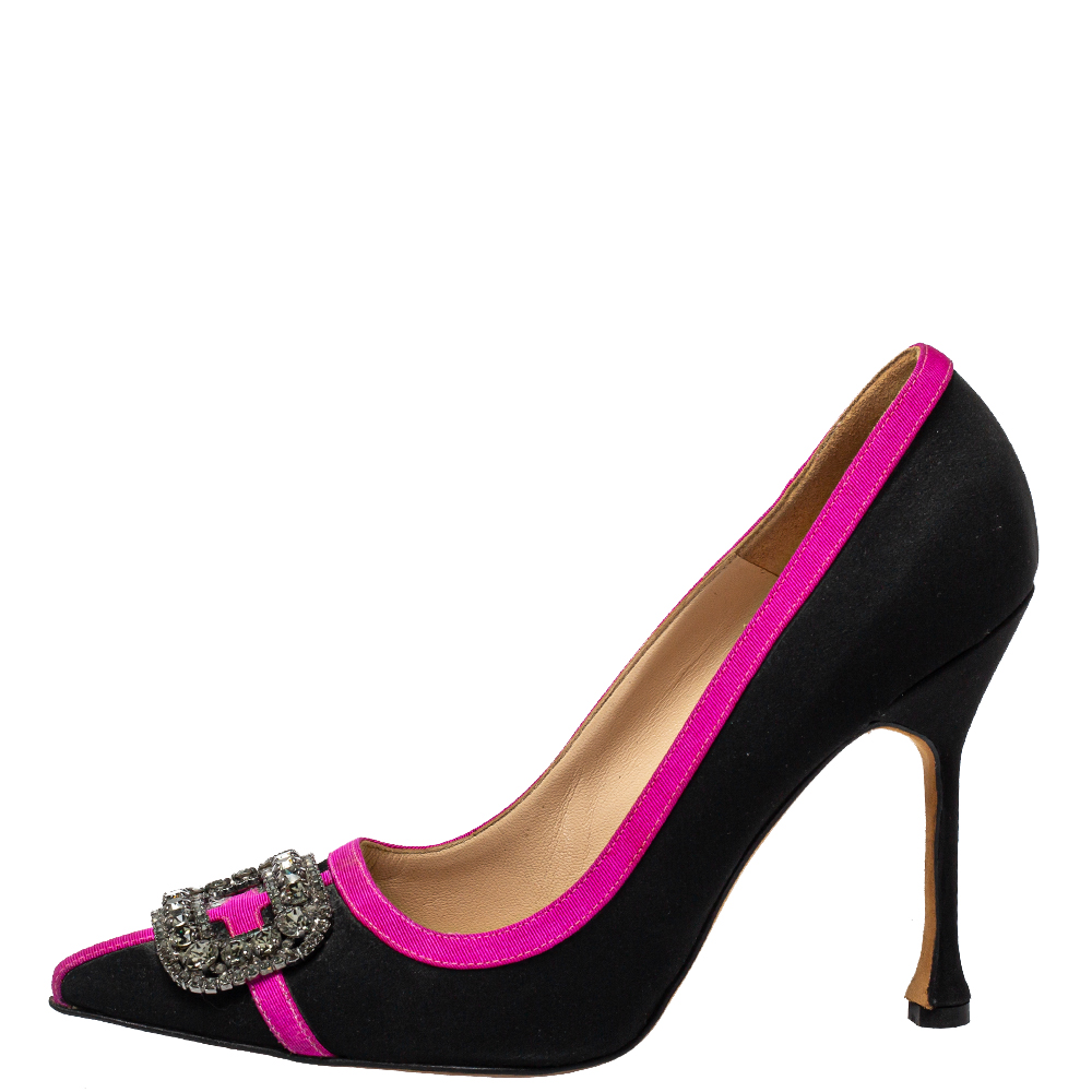 

Manolo Blahnik Black/Pink Satin Embellished Pumps Size