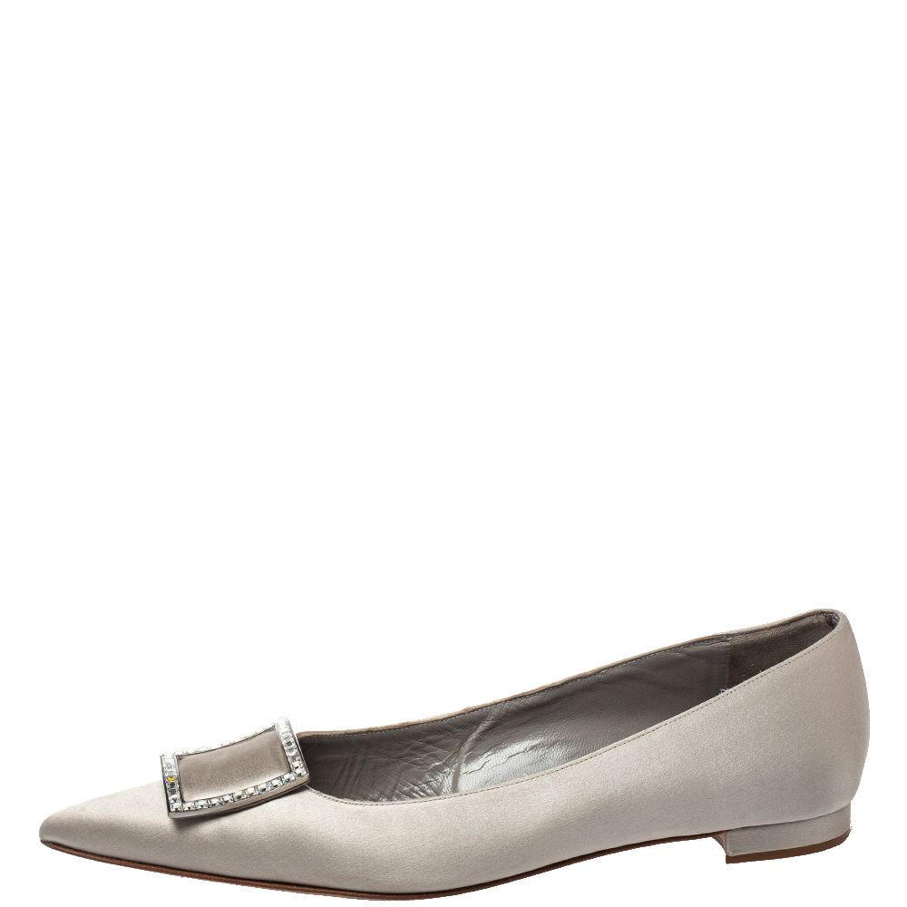 

Manolo Blahnik Silver Satin Embellished Ballet Flats Size
