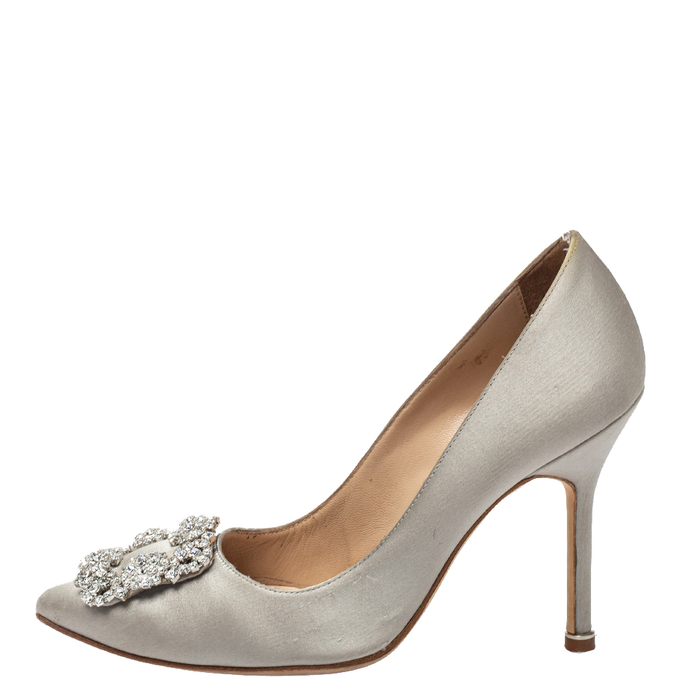 

Manolo Blahnik Grey Satin Hangisi Crystal Embellished Pumps Size