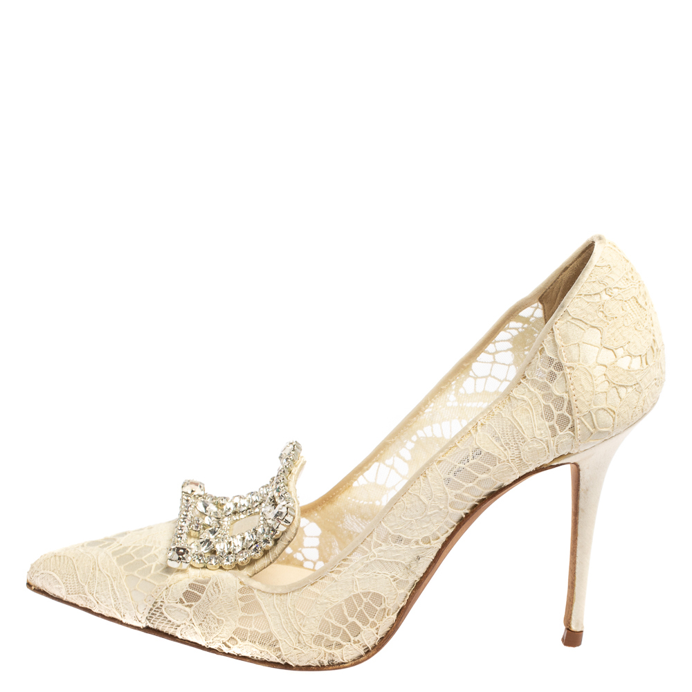 

Manolo Blahnik Off White Lace and Satin Borlak Crystal Embellished Pumps Size