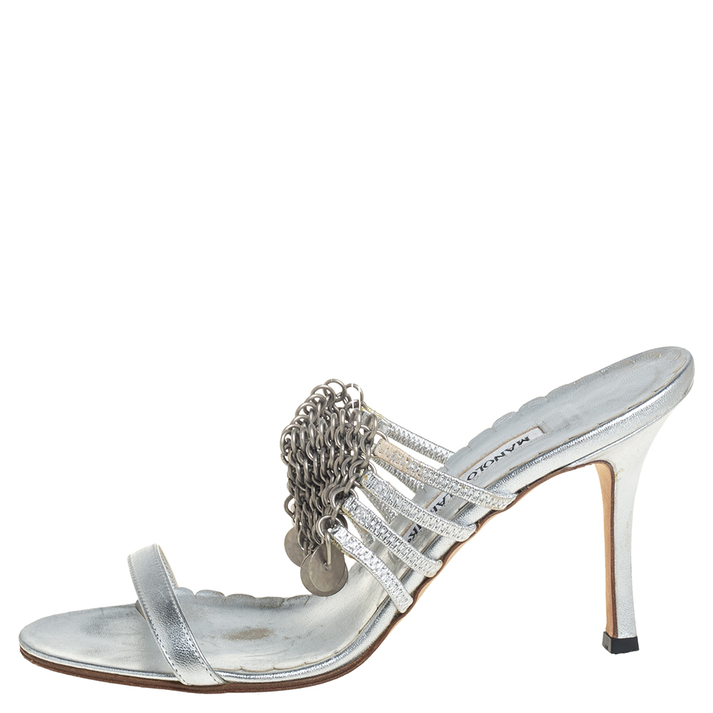 

Manolo Blahnik Metallic Silver Leather Strappy Chain Slide Sandals Size