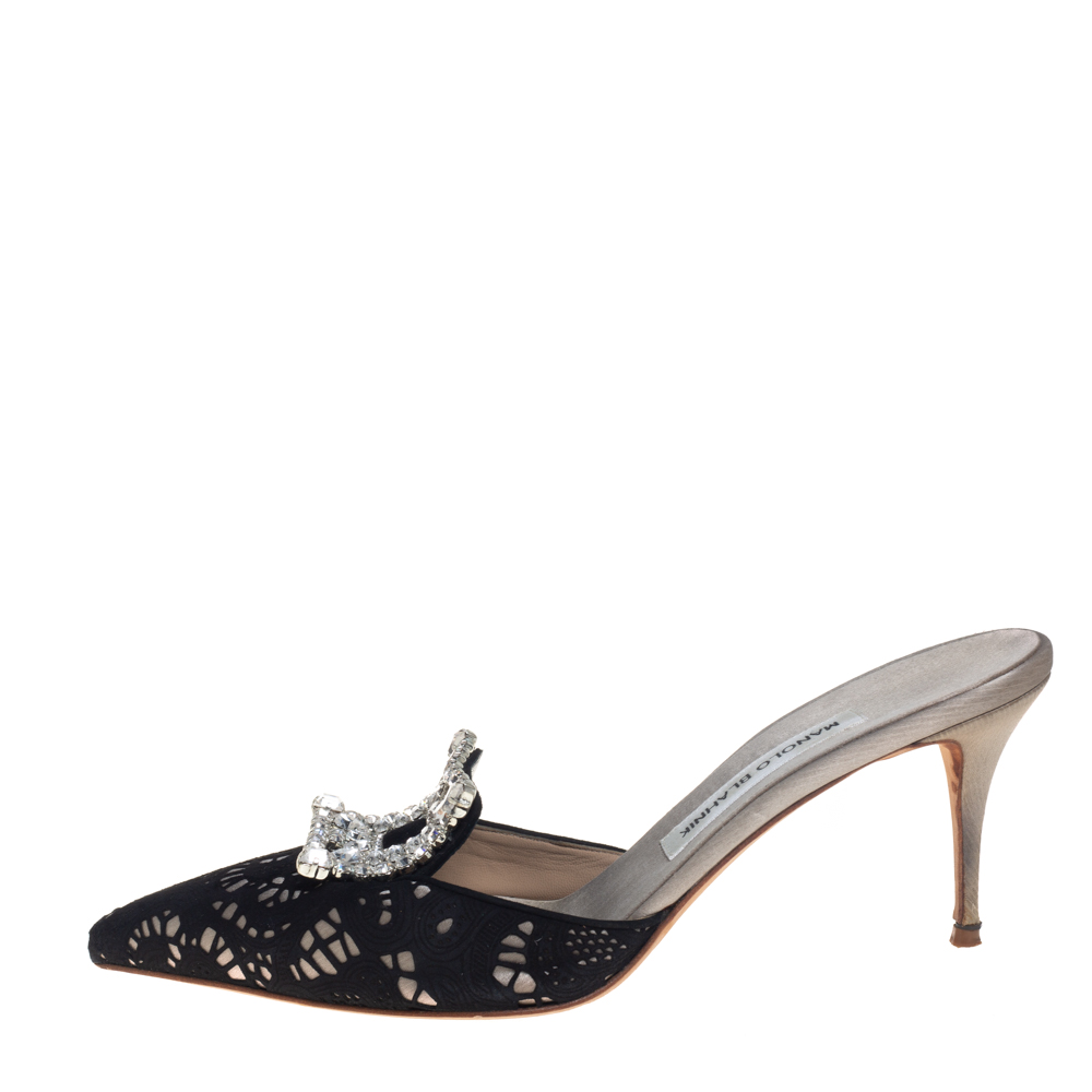 

Manolo Blahnik Black Satin and Lace Borli Crystal Embellished Mule Sandals Size