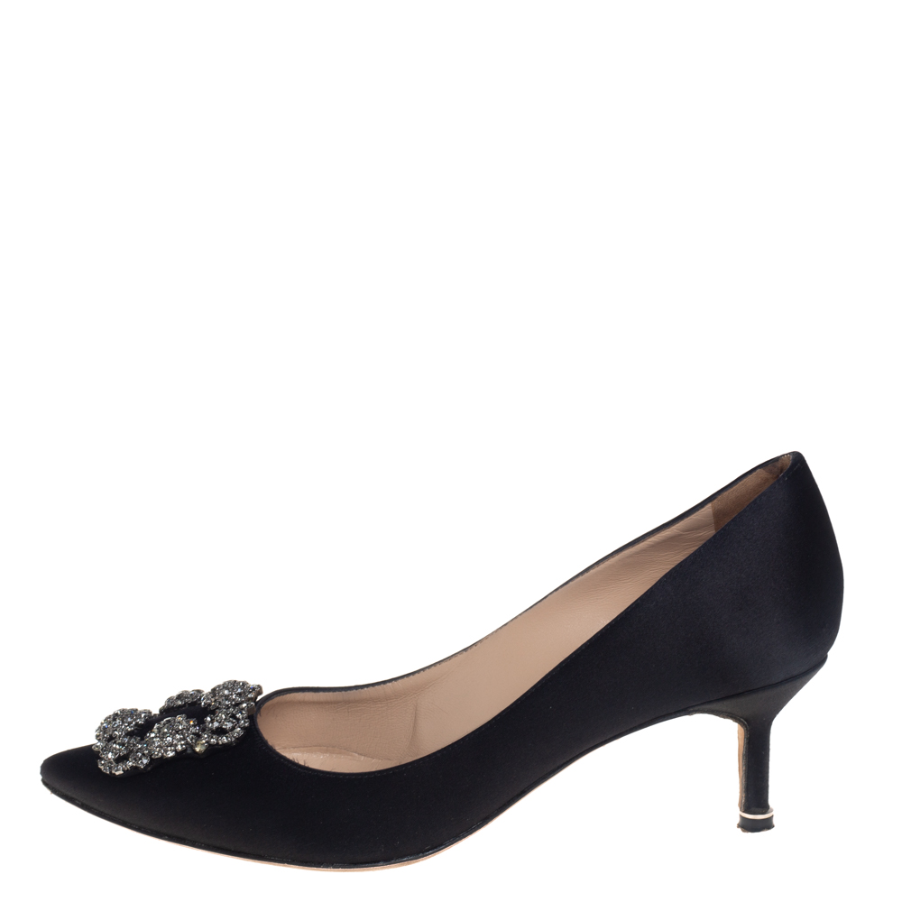 

Manolo Blahnik Black Satin Hangisi Embellished Pointed Toe Pumps Size