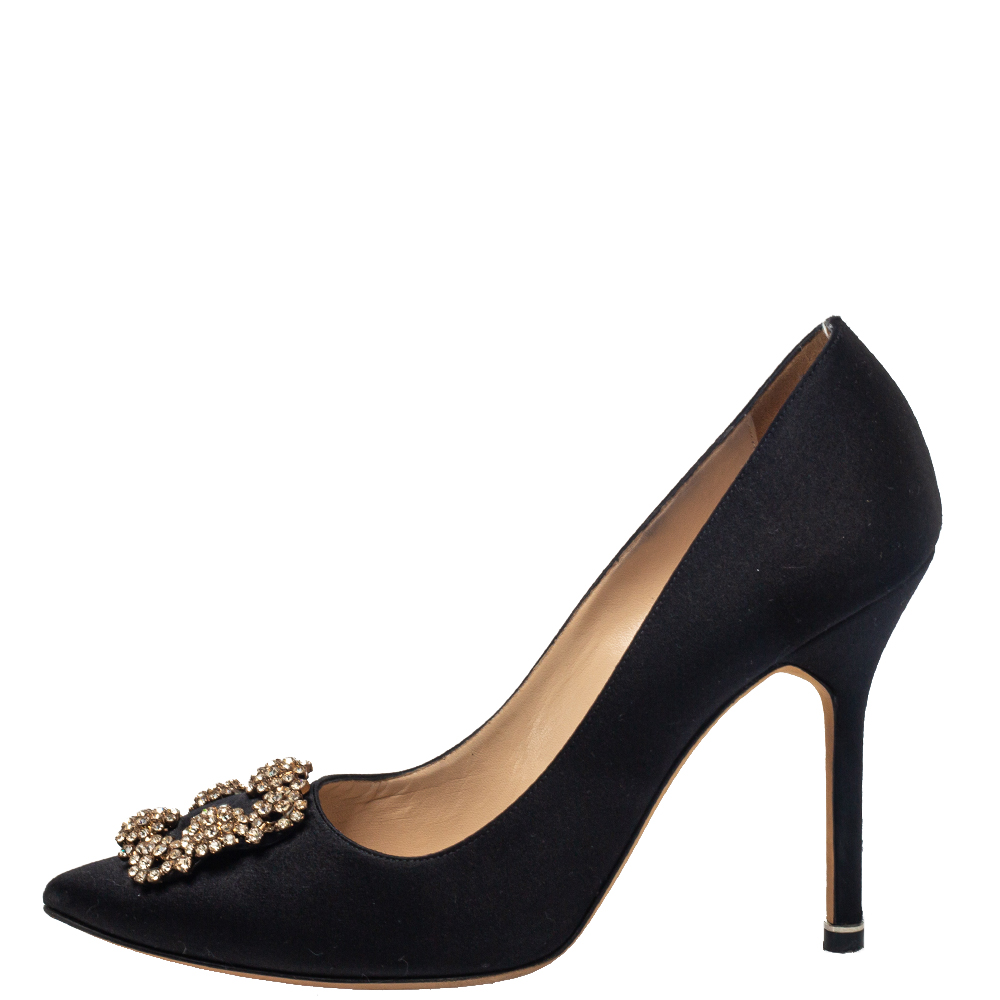 

Manolo Blahnik Black Satin Hangisi Embellished Pointed Toe Pumps Size