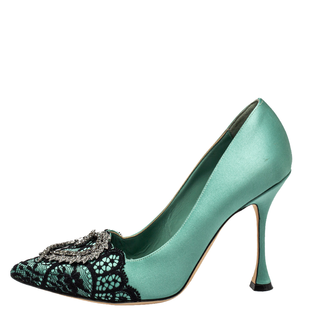 

Manolo Blahnik Green Lace And Satin Hangisi Pointed Toe Pumps Size