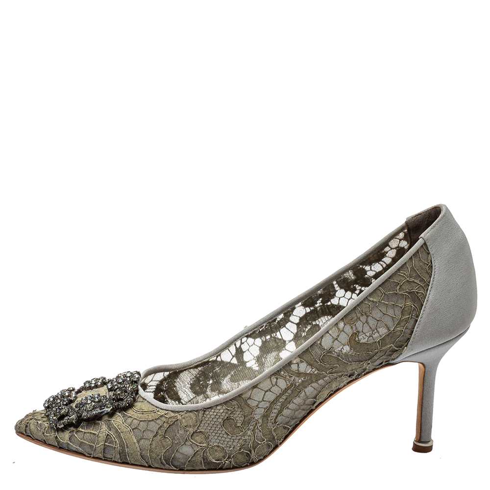 

Manolo Blahnik Grey Lace And Satin Hangisi Pointed Toe Pumps Size, Silver