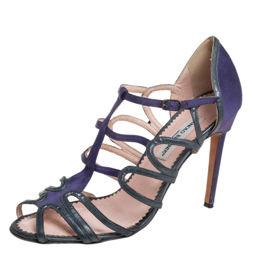 

Manolo Blahnik Purple/Grey Leather And Satin Cage Sandals Size