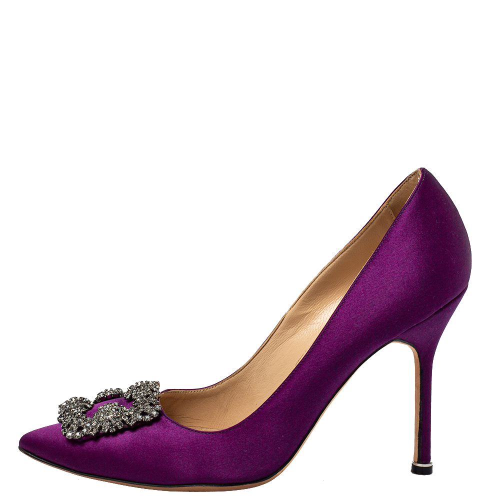 

Manolo Blahnik Purple Satin Hangisi Embellished Pointed Toe Pumps Size