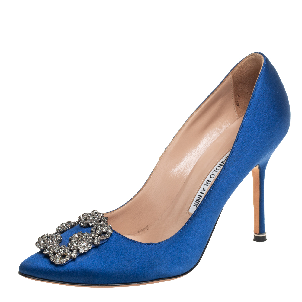 Pre Owned Manolo Blahnik Blue Satin Hangisi Pumps Size 37.5
