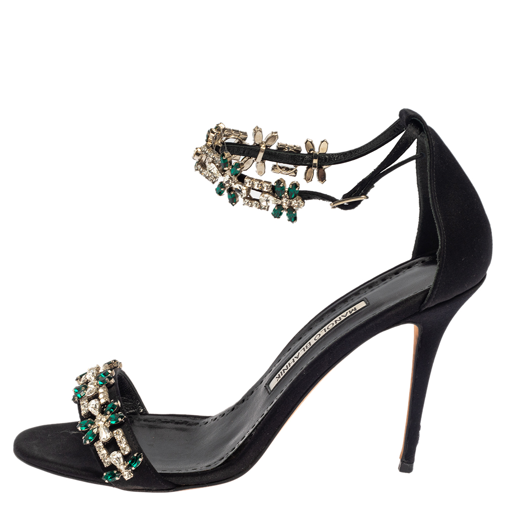 

Manolo Blahnik Black Satin Firadou Crystal Embellished Ankle Strap Sandals Size